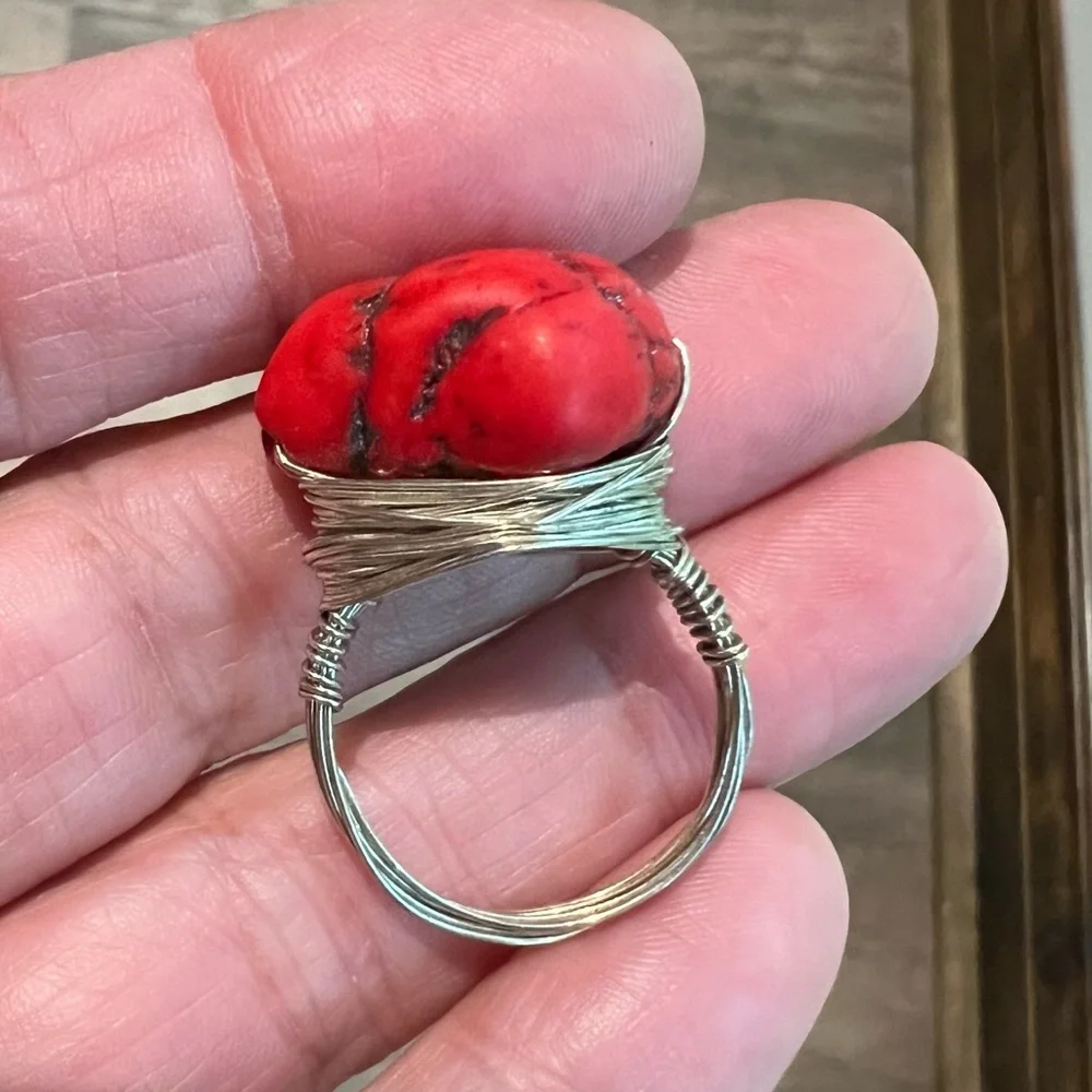 Red Coral Stone Silver Nest Ring Size 9 boho southwestern western artisan